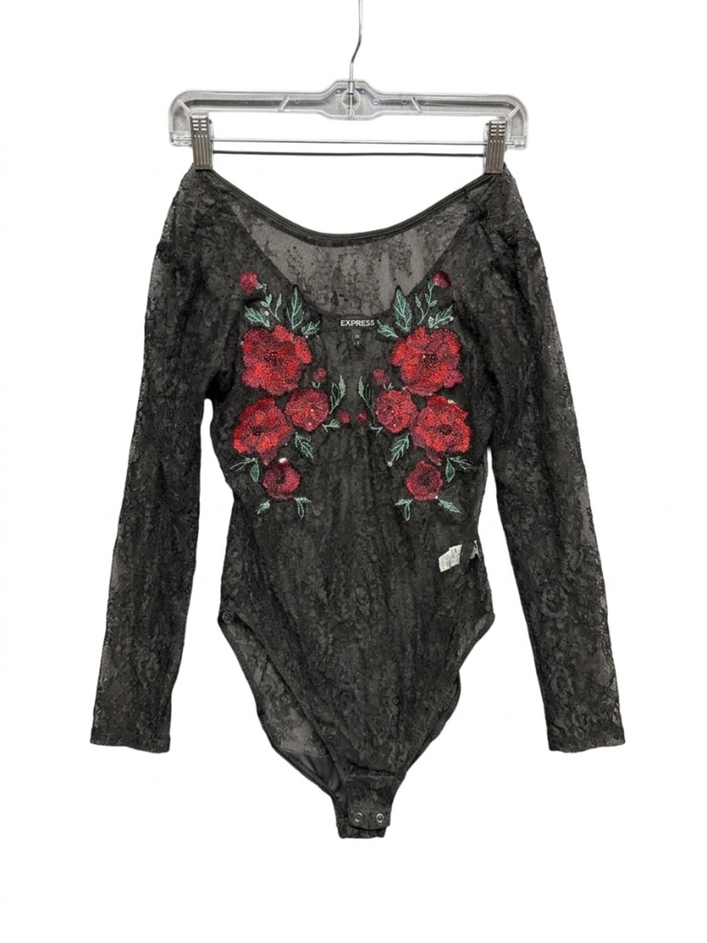 Express Black Sheer Lace Long Sleeve Bodysuit Red Floral Embroidery Small